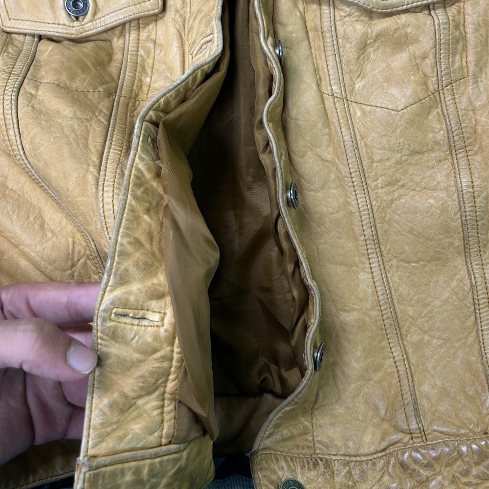 Gap Leather Trucker Jacket Womens XL Yellow Tan Button Front Vintage Style G2 - Picture 4 of 5